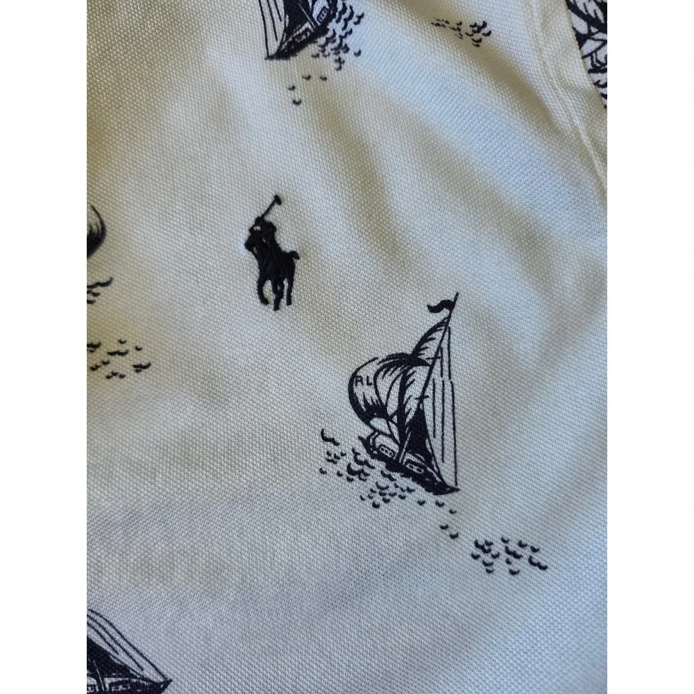 Ralph Lauren Mens Knit Oxford Polo Shirt White Nautical Sailboat Print Medium